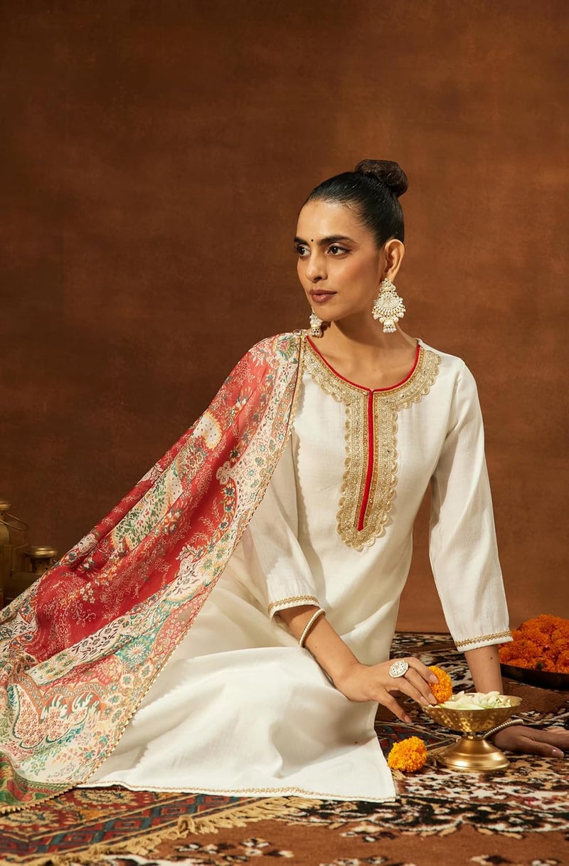 Janasya Women's Off White Silk Blend Embellished Straight Kurta Set - Image 2